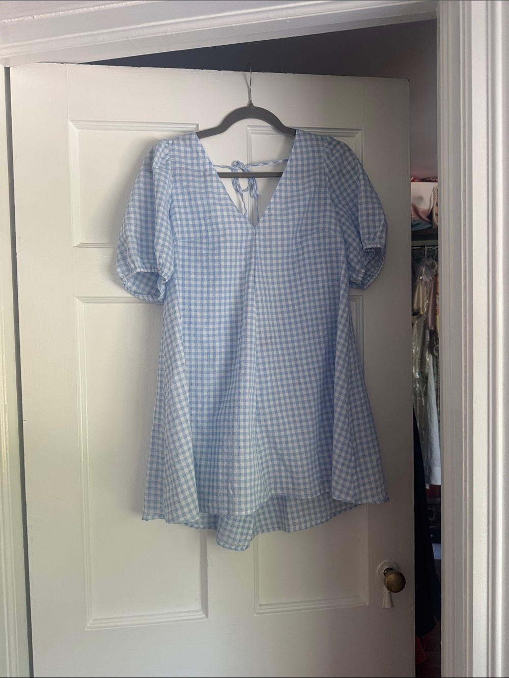 STAUD Light Blue and White Gingham Mini Dress